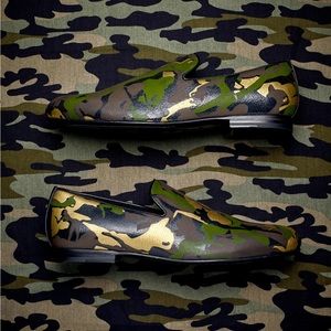 Jimmy Choo Sloane Olive Green Mix Metallic Camouflage Leather Slip-on Dress Shoe